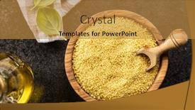  Presentation with couscous - Audience pleasing PPT theme consisting of dry-yellow-couscous-in-wooden backdrop and a gold colored foreground