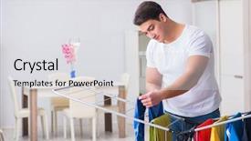  Presentation with laundry - Presentation design enhanced with dryer - man doing laundry at home background and a light gray colored foreground