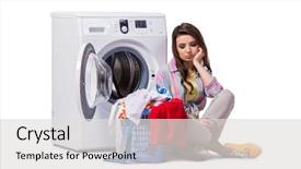  Presentation with laundry - Audience pleasing presentation consisting of dryer - woman tired after doing laundry backdrop and a light gray colored foreground