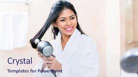  Presentation with bathroom - Cool new PPT layouts with drying hair with blow dryer backdrop and a sky blue colored foreground