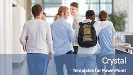  Presentation with students walking on campus - Beautiful presentation theme featuring dual - university group of students walk backdrop and a ocean colored foreground
