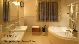  Presentation with tub - Theme with dual sinks and bath-tub in a master bathroom background and a gold colored foreground