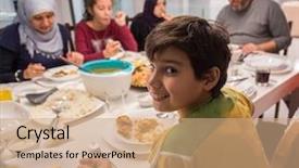  Presentation with muslim family - Audience pleasing presentation consisting of dubai food - arabian muslim family eating iftar backdrop and a coral colored foreground