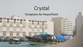  Presentation with dock - Amazing PPT theme having dubai uae a dhow an old wooden sailing vessel filled with cargo leaves the dock in deira backdrop and a light gray colored foreground