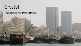  Presentation with vessels - Presentation enhanced with dubai uae dhows old wooden sailing vessels are docked along the deira side of dubai creek background and a light gray colored foreground