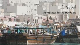  Presentation with vessels - Presentation theme with dubai uae dhows old wooden sailing vessels are docked along the deira side of dubai creek background and a light gray colored foreground