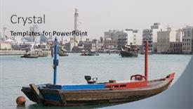  Presentation with uae - Amazing theme having dubai uae empty abra anchored on dubai creek with minaret of grand mosque in distance backdrop and a light gray colored foreground