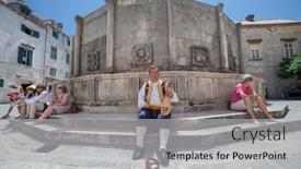  Presentation with strings - Audience pleasing theme consisting of stormy foam wave sprays on the beach under the sun s rays backdrop and a light gray colored foreground.