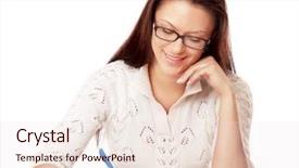  Presentation with glasses - PPT theme with ducation - young woman wearing glasses isolated background and a lemonade colored foreground