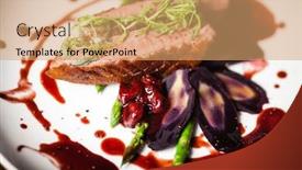  Presentation with duck - Presentation theme consisting of duck breast with asparagus purple carrot demi-glace amd cherry sauce background and a coral colored foreground