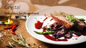  Presentation with duck - Beautiful PPT layouts featuring duck-breast-with-asparagus-purple backdrop and a coral colored foreground