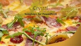  Presentation with dried tomato - Audience pleasing PPT theme consisting of duck meat pizza with dried tomato rucola and mozzarella cheese backdrop and a gold colored foreground