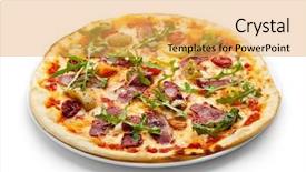  Presentation with dried tomato - Beautiful PPT theme featuring duck meat pizza with dried tomato rucola and mozzarella cheese backdrop and a yellow colored foreground