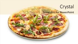  Presentation with dried tomato - Colorful slide deck enhanced with duck meat pizza with dried tomato rucola and mozzarella cheese backdrop and a blonde colored foreground