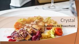  Presentation with duck - Presentation having duck-with-cherry-sauce-closeup background and a yellow colored foreground