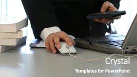  Presentation with young man holdng laptop on lap money - PPT theme having due diligence - businessman with laptop and calculator background and a gray colored foreground