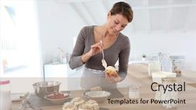  Presentation with man watching woman preparing vegetables - Slide set consisting of duende - woman in kitchen preparing cream background and a mint green colored foreground