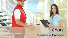  Presentation with courier delivery - PPT layouts having duende - young woman and courier background and a  colored foreground