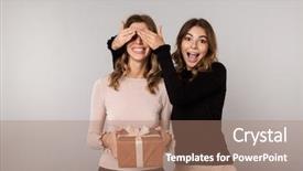  Presentation with gift - Beautiful PPT theme featuring duet - image of two caucasian girls backdrop and a coral colored foreground