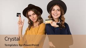  Presentation with women - PPT layouts consisting of duet - image of two cheerful women background and a coral colored foreground