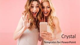  Presentation with women making - Presentation consisting of duet - two happy pretty women background and a coral colored foreground