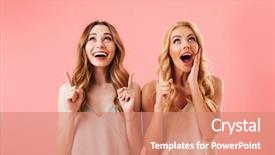  Presentation with full length portrait two men women brown sweater - Theme with duet - two happy pretty women background and a coral colored foreground