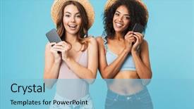  Presentation with women - Presentation theme with duet - two lovely multiethnic women 20s background and a light blue colored foreground