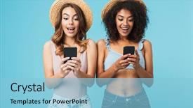  Presentation with cell phones - Audience pleasing PPT layouts consisting of duet - two multiethnic summer women wearing backdrop and a light blue colored foreground