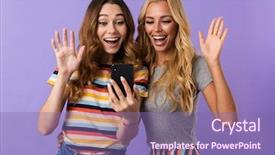  Presentation with cheerful stylish city girl using - PPT layouts with duet - two pretty cheerful young girls background and a violet colored foreground