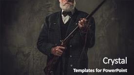  Presentation with hunting double barrel vintage shotgun - PPT layouts featuring duke - senior hunter with a shotgun background and a dark gray colored foreground