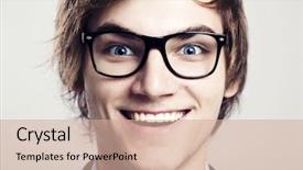  Presentation with glasses - Audience pleasing slide deck consisting of dumb people - close-up portrait of business man backdrop and a coral colored foreground