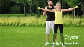  Presentation with exercise trainer - Presentation with dumb people - young sporty woman with trainer background and a tawny brown colored foreground