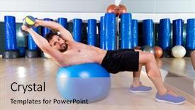  Presentation with gym ball - Colorful slide deck enhanced with dumbbell bench press on fit ball man workout at fitness gym backdrop and a soft green colored foreground