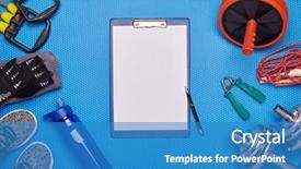  Presentation with sport blue - Slide deck enhanced with dumbbells skipping rope sneakers wheel background and a teal colored foreground