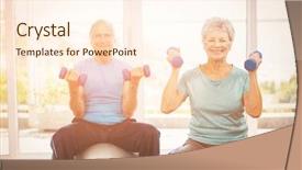  Presentation with senior couple - Theme having dumbbells while sitting on exercise background and a cream colored foreground