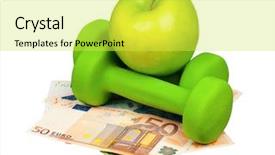  Presentation with 3d isolated t rex head - Presentation design having dumbbells with apple on heap background and a yellow colored foreground