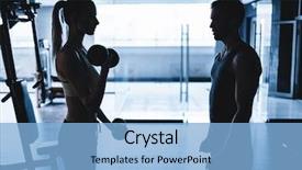  Presentation with exercise trainer - Slide set featuring dumbbells with her trainer background and a light blue colored foreground