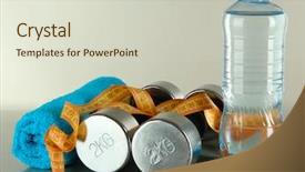  Presentation with water bottle - Amazing PPT layouts having dumbbells with towel centimeter and bottle of water on grey background backdrop and a soft green colored foreground