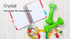  Presentation with tape measure - PPT layouts consisting of dumbells tape measure and notepad for copy space fitness and health background and a white colored foreground