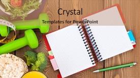  Presentation with kids health food - PPT layouts with dumbells tape measure healthy food background and a coral colored foreground