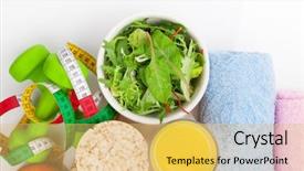  Presentation with tape measure - Amazing slide set having dumbells tape measure healthy food backdrop and a yellow colored foreground