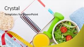  Presentation with tape measure - Presentation design consisting of dumbells tape measure healthy food background and a white colored foreground