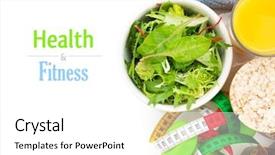  Presentation with food for health - Presentation theme having dumbells tape measure healthy food background and a white colored foreground