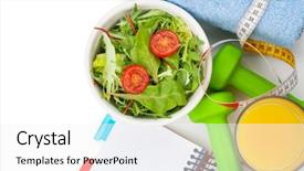  Presentation with food for health - Colorful theme enhanced with dumbells tape measure healthy food backdrop and a white colored foreground