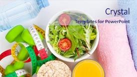  Presentation with kids health food - Slides featuring dumbells tape measure healthy food background and a sky blue colored foreground