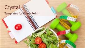  Presentation with tape measure - PPT theme featuring dumbells tape measure healthy food background and a  colored foreground