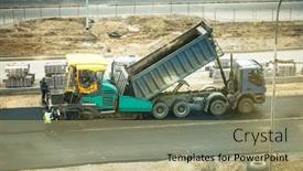 Presentation with dump truck - Amazing slide deck having dump-truck-unloads-asphalt backdrop and a mint green colored foreground