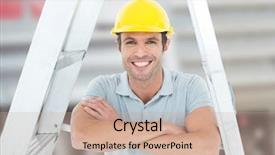  Presentation with construction worker harassment workplace - Cool new PPT theme with dumper truck - construction worker under ladder backdrop and a coral colored foreground