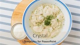  Presentation with dumpling - Presentation theme having dumpling-with-broth-and-sour background and a soft green colored foreground