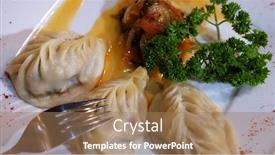  Presentation with asia traditional - PPT theme enhanced with dumplings manti - traditional meat dish of central asia close up background and a coral colored foreground